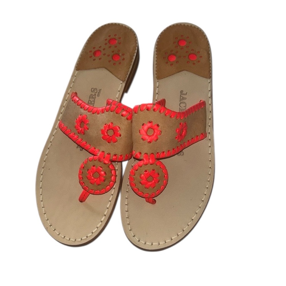 Jack Rogers Red and Tan Sandals with Floral Embroidery